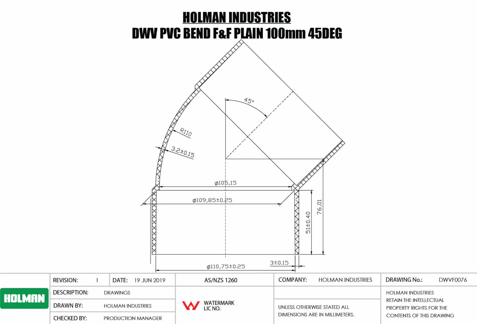 Holman DWV PVC Bend F&F Plain 45Deg 100mm - Image 2