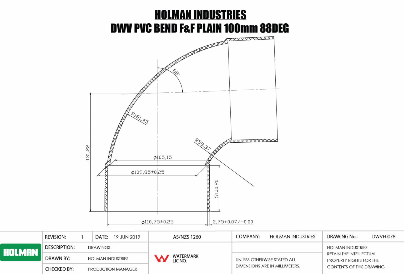 Holman DWV PVC Bend F&F Plain 88Deg 100mm - Image 2
